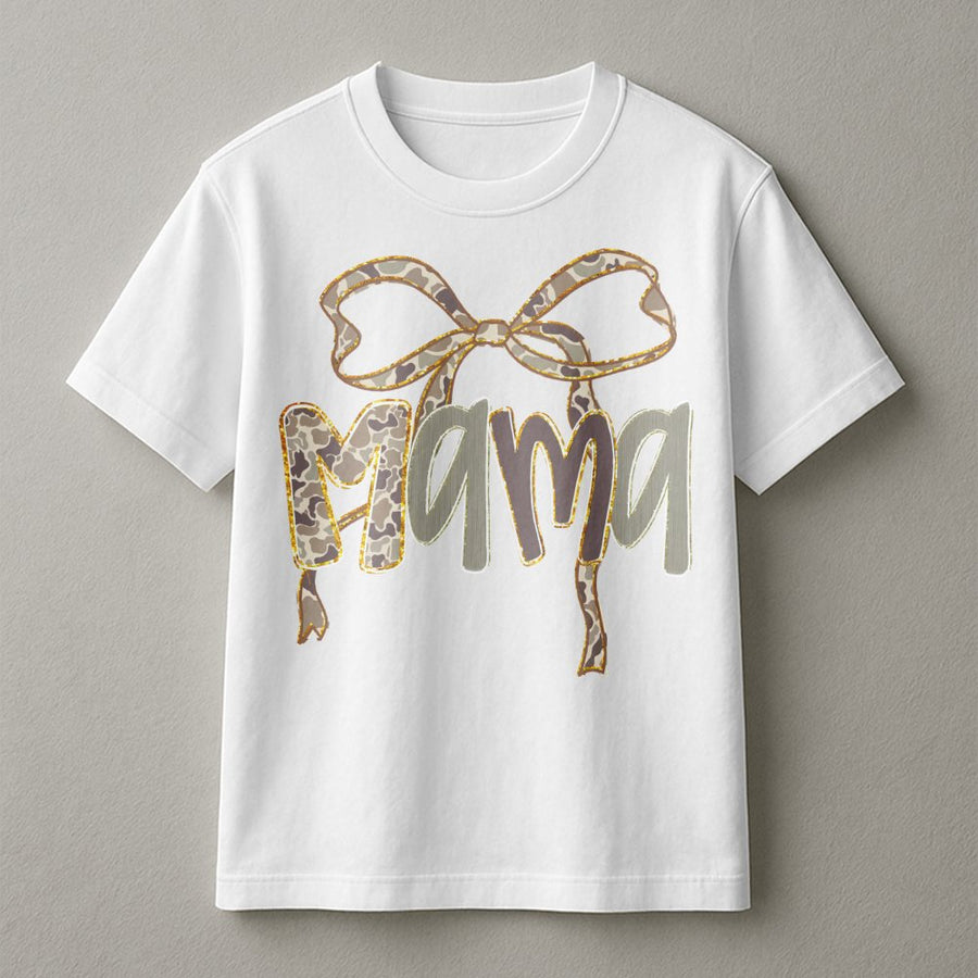 Mama Camo Bow T-Shirt | Trendy Leopard Print Hunting Design | Premium 100% Cotton | Perfect Gift for Outdoorsy Moms and Hunting Wives