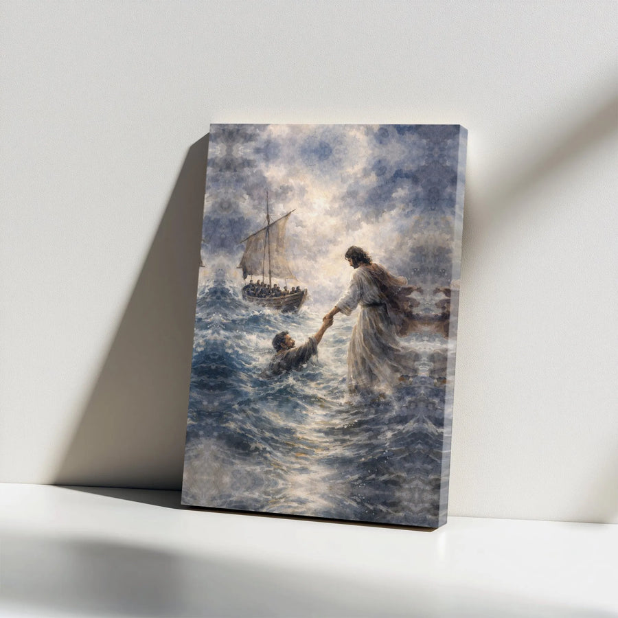 Jesus Walking on Water Canvas Art | Biblical Stormy Sea Painting | Premium High-Resolution Print | Inspirational Christian Home Decor Gift