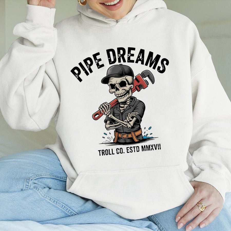 Plumber Hoodie | Pipe Dreams Skeleton Graphic | Premium Cotton Blend Workwear | Funny Tradesman Gift for Him