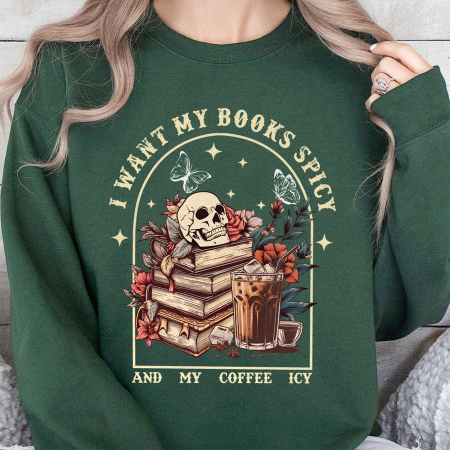 Spicy Books Icy Coffee Sweatshirt | Gothic Skull Bookish Reader Graphic | Premium Cotton Blend Cozy Pullover | Literary Gift for Book Lovers