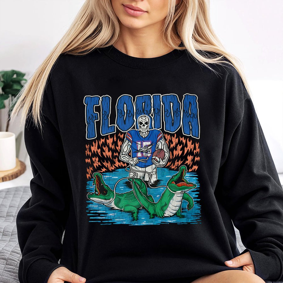 Florida Football Skeleton Sweatshirt | Retro Graphic Alligator Design | Cotton-Poly Premium Blend | Gift For College Sports Fans