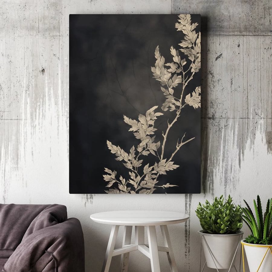 Botanical Leaf Canvas Wall Art | Moody Black and White Plant Illustration | Premium Gallery Wrapped Print | Modern Minimalist Home Decor Gift