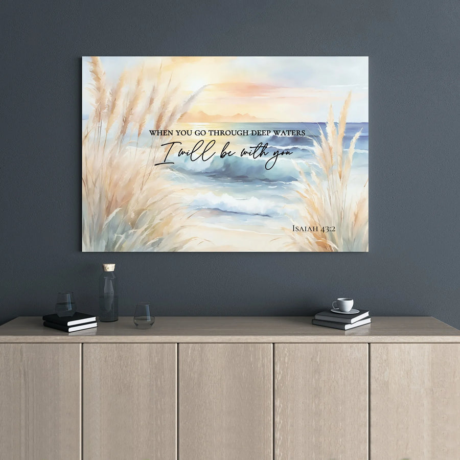 Isaiah 43:2 Bible Verse Canvas | Coastal Beach Landscape Print | Premium 1.25" Gallery Wrap | Christian Home Decor Wall Art Gift