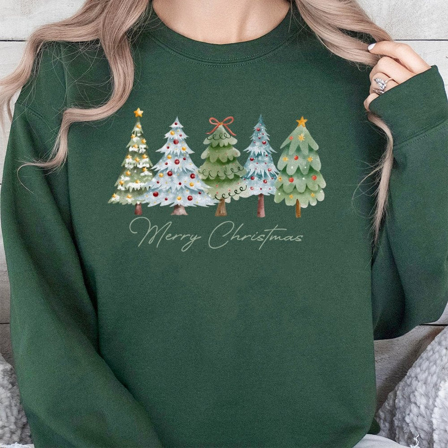 Watercolor Christmas Tree Sweatshirt | Festive Holiday Graphic Print | Premium Cotton Blend Crewneck | Merry Christmas Gift For Her