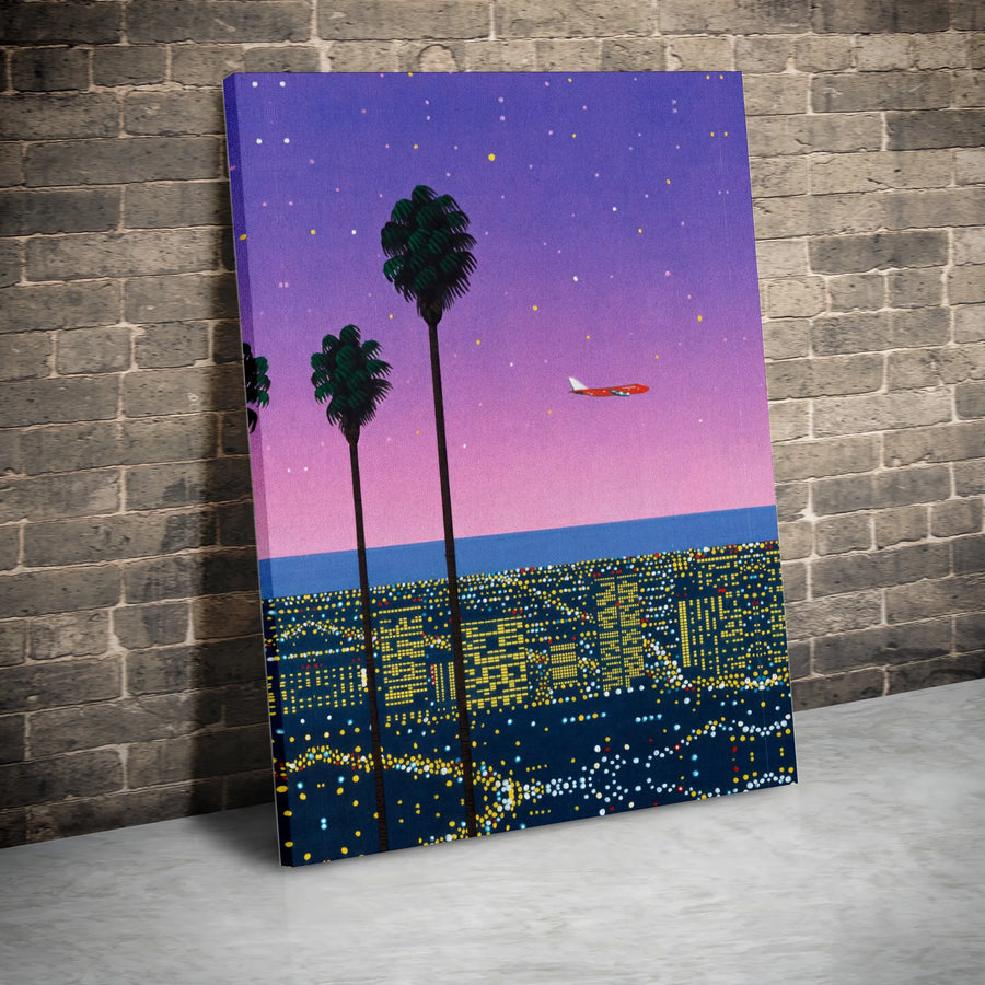 Los Angeles Night Cityscape Canvas | Vaporwave Palm Trees & Plane Art | Gallery-Quality Fade-Resistant Print | Aesthetic Home & Office Decor Gift