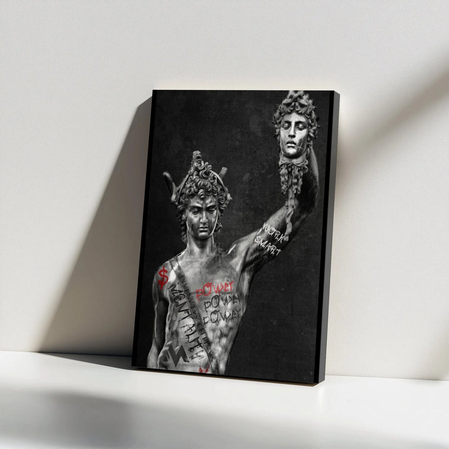 Perseus With Medusa Head Canvas | Modern Graffiti Street Art Decor | 1.25 Inch Gallery Wrap | Motivational Office Wall Art For Men