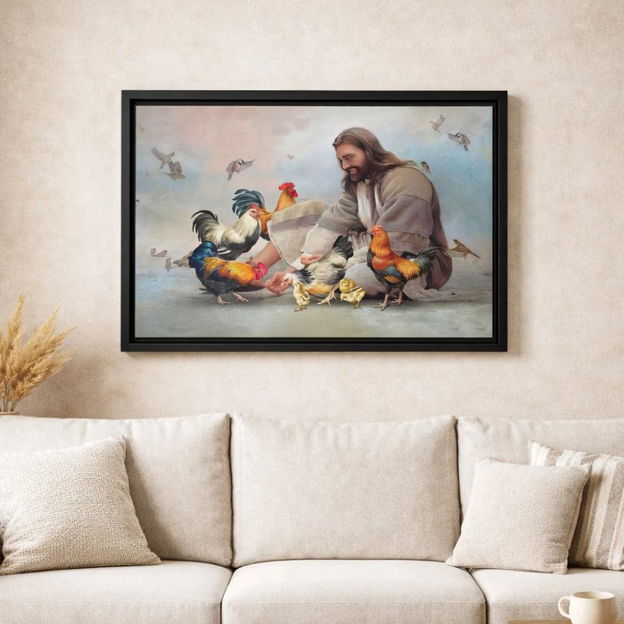 Jesus Feeding Chickens Canvas Print | Religious Farmhouse Wall Art | Premium Fade-Resistant Gallery Wrap | Faithful Christian Home Decor Gift