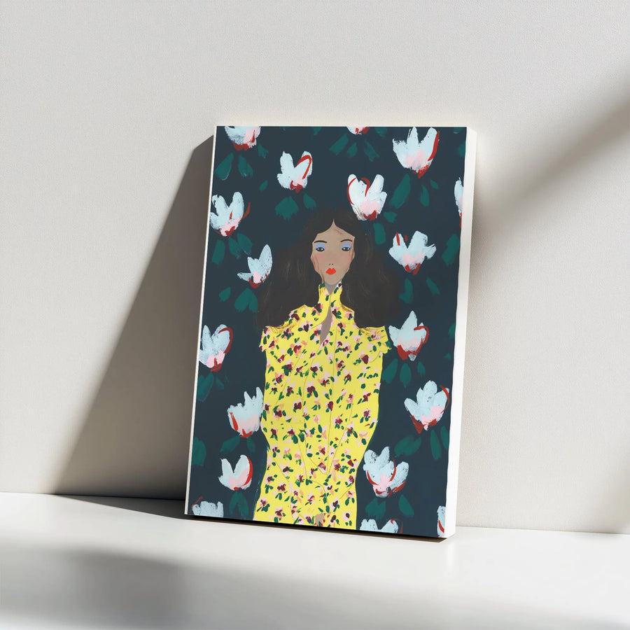 Floral Woman Canvas Wall Art | Modern Painterly Portrait in Yellow Dress | Premium Gallery Wrapped Canvas | Boho Home Decor Gift for Her