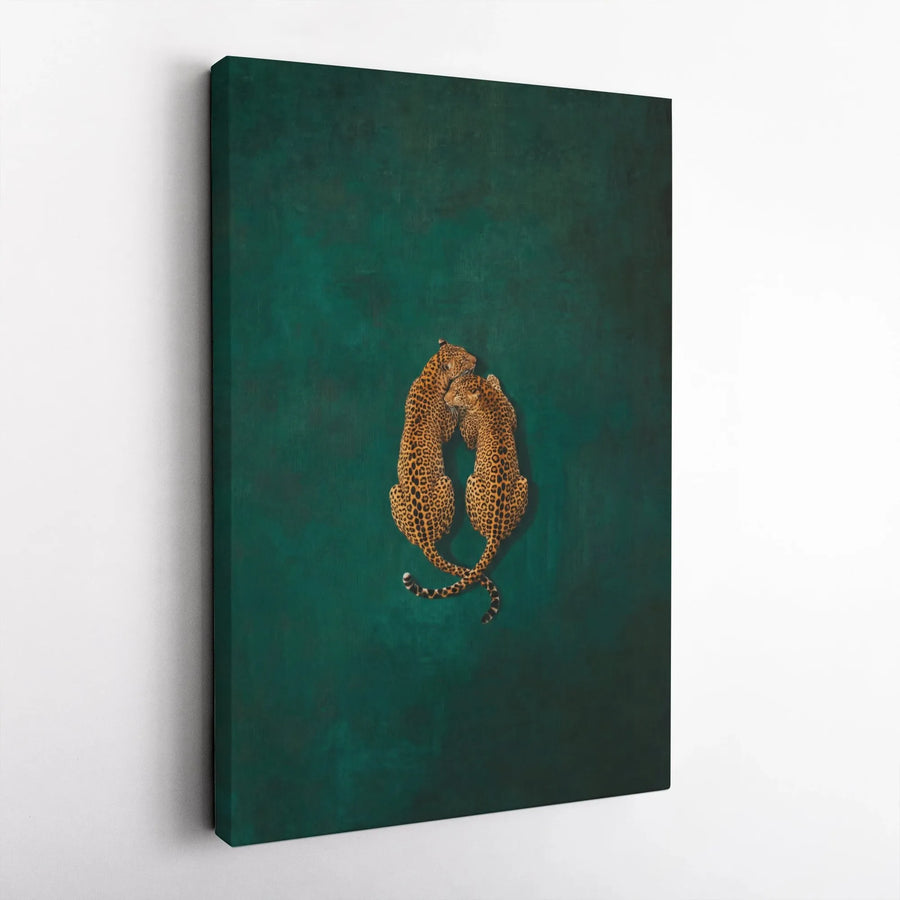 Leopard Wall Art | Cuddling Leopards Emerald Green Canvas | Premium Gallery Wrap Print | Modern Living Room Bedroom Decor Gift