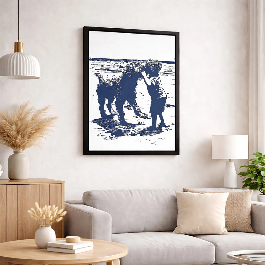 Boy and Dog Wall Art | Coastal Beach Scene Linocut Print | Premium Gallery Canvas | Heartwarming Nursery or Living Room Gift