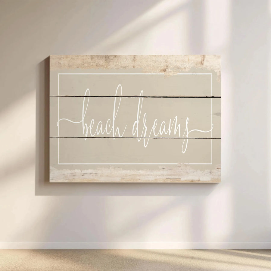 Beach Dreams Canvas Wall Art | Rustic Wood Plank Style with Script Font | Premium Gallery Quality Print | Coastal Farmhouse Living Room Decor Gift