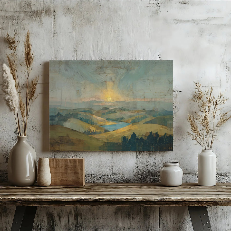 Sunrise Over Hills Canvas Print | Abstract Textured Landscape Painting | Gallery Wrapped 1.25" Deep Canvas | Modern Farmhouse Living Room Wall Decor Gift