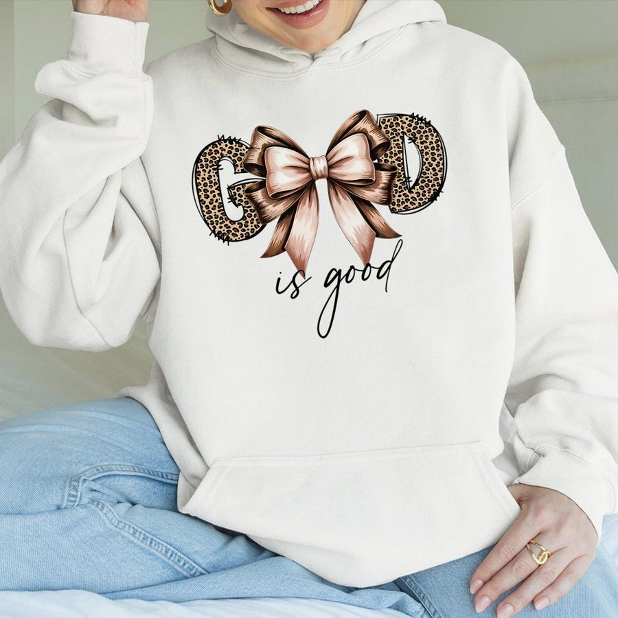 God Is Good Hoodie | Leopard Print Bow Aesthetic Graphic | Soft Cotton Blend Premium Sweatshirt | Christian Faith Apparel Gift For Women