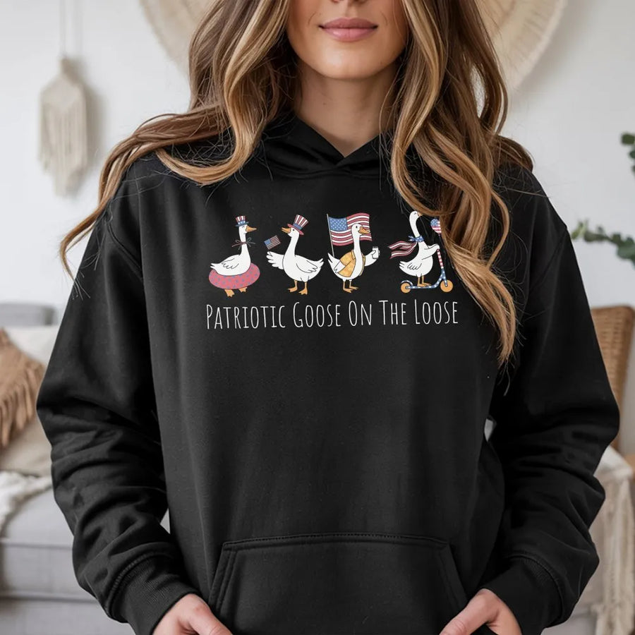 Silly Goose 4th of July Hoodie | Patriotic Goose On The Loose Graphic | Premium Cotton Blend | Unisex Independence Day Party Gift