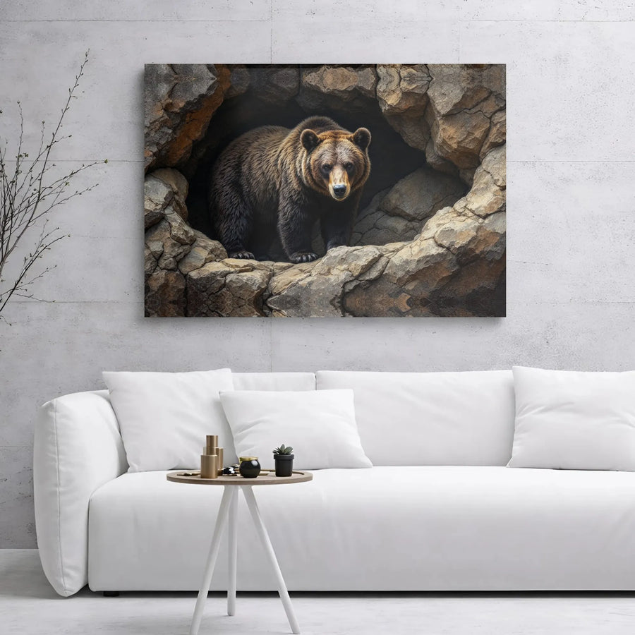 Grizzly Bear Wall Art | Majestic Forest Animal in Rocky Cave | Premium Gallery Wrap Canvas | Rustic Wildlife Home Decor Gift