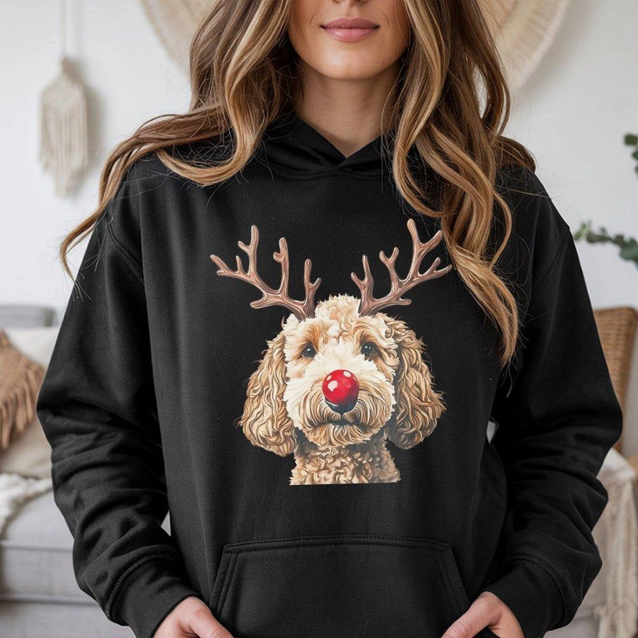 Reindeer Goldendoodle Hoodie | Cute Christmas Dog Graphic | Premium Cotton Blend Unisex Sweatshirt | Festive Holiday Gift for Dog Lovers