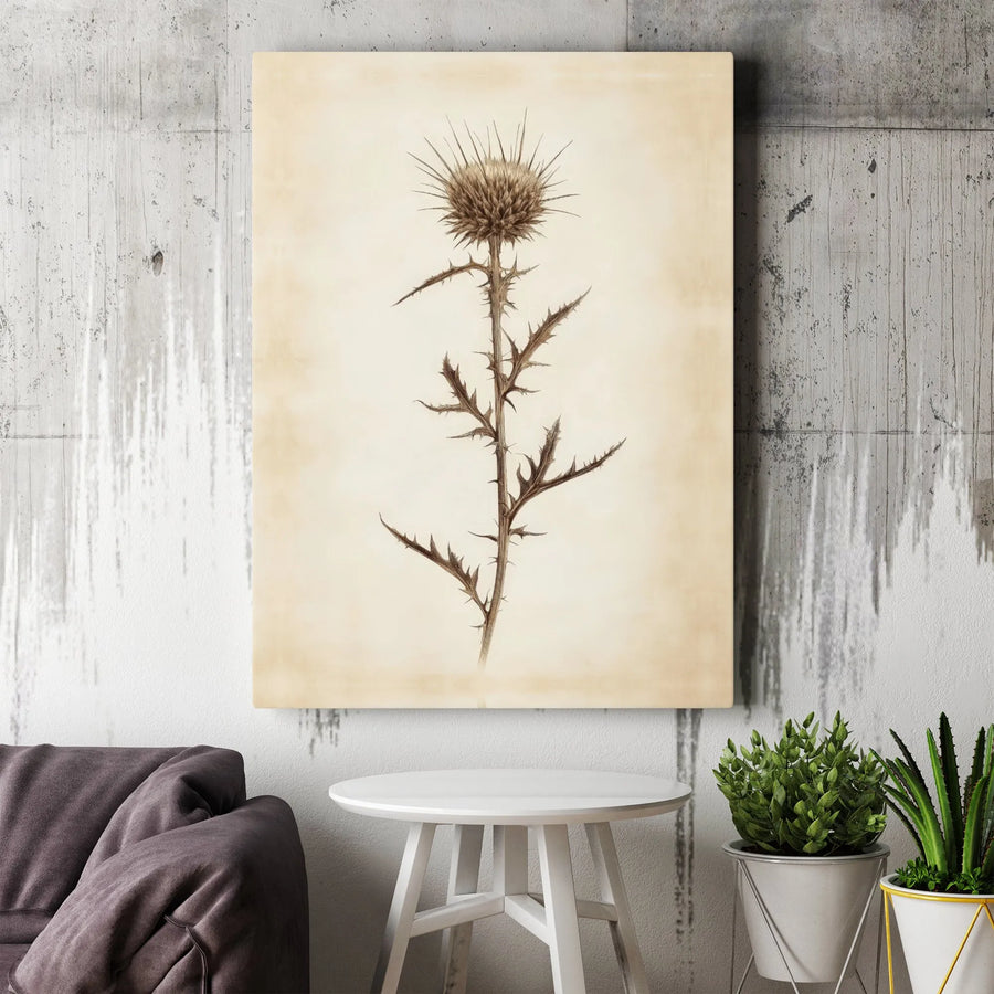 Vintage Botanical Thistle Wall Art | Antique Sketch Flower Print | Premium Gallery-Wrapped Canvas | Home Office Decor Gift