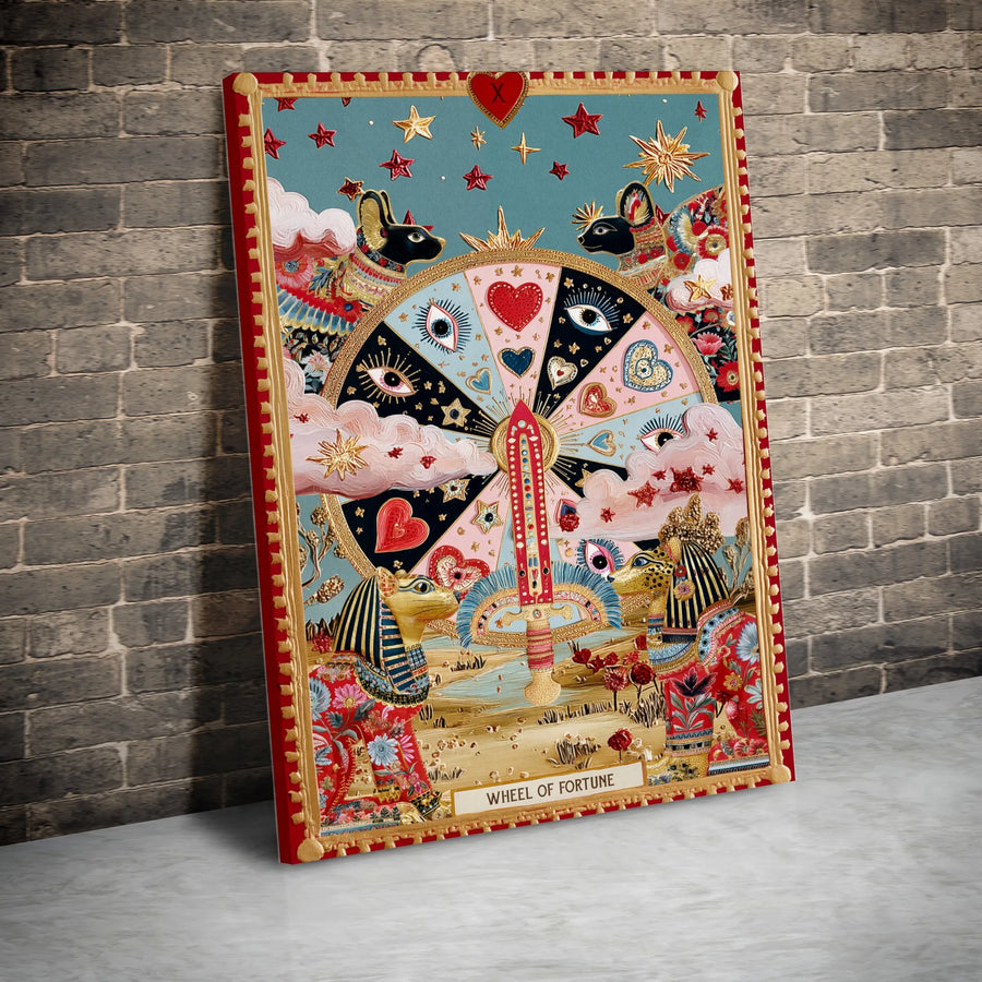 Wheel of Fortune Tarot Card Vertical Canvas | Mystical Egyptian Folk Art Print | Premium 1.25" Thick Canvas | Witchy Wall Art Gift for Tarot Readers