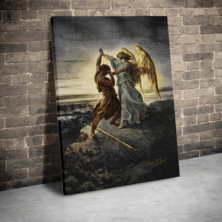 Jacob Wrestling With The Angel Canvas | Biblical Fine Art Print | Gallery-Quality 1.25 Inch Profile | Christian Home Decor Gift
