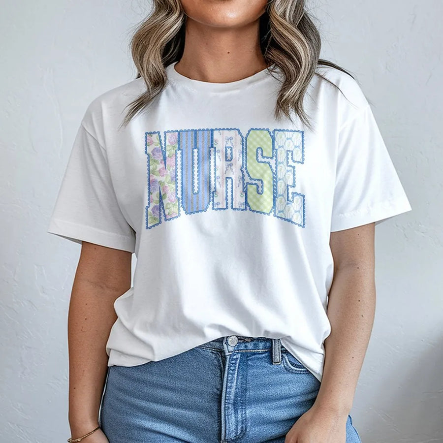 Nurse T-Shirt | Coquette Floral Patchwork Lettering | 100% Cotton Premium Tee | Cute Nursing Graduation Gift for Women & Students