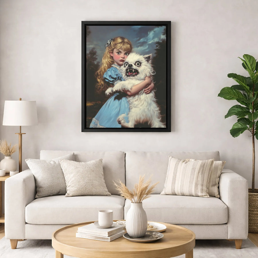 Surreal Girl With Monster Dog Canvas Print | Dark Whimsical Gothic Wall Art | Premium Gallery-Wrapped Portrait | Unique Home Decor Gift