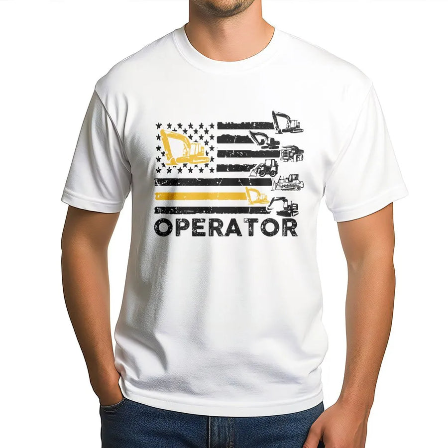 Heavy Equipment Operator T-Shirt | American Flag Construction Design | Premium Soft Cotton | Patriotic Gift for Excavator Operators