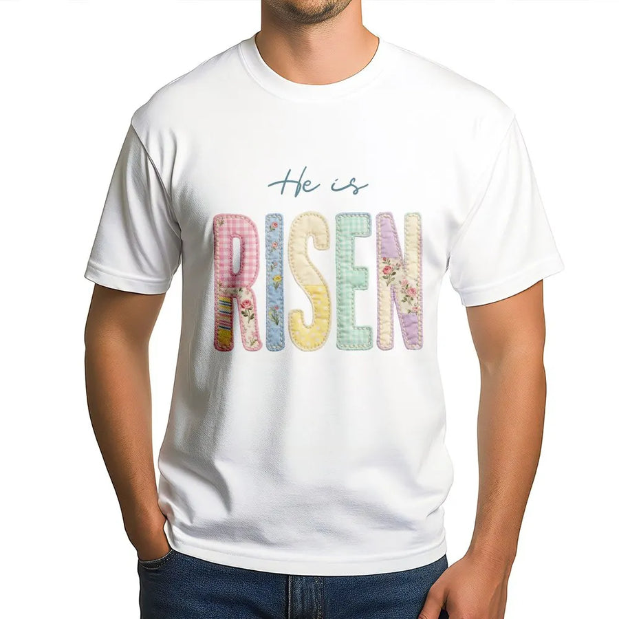 He Is Risen T-Shirt | Pastel Patchwork Floral Lettering | 100% Cotton Premium Tee | Faith-Based Easter Gift for Women and Men