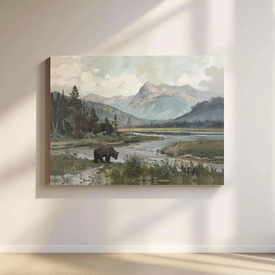 Brown Bear Landscape Canvas Print | Mountain River Forest Art | 1.25 Inch Gallery Wrap | Wildlife Wall Decor for Home Office