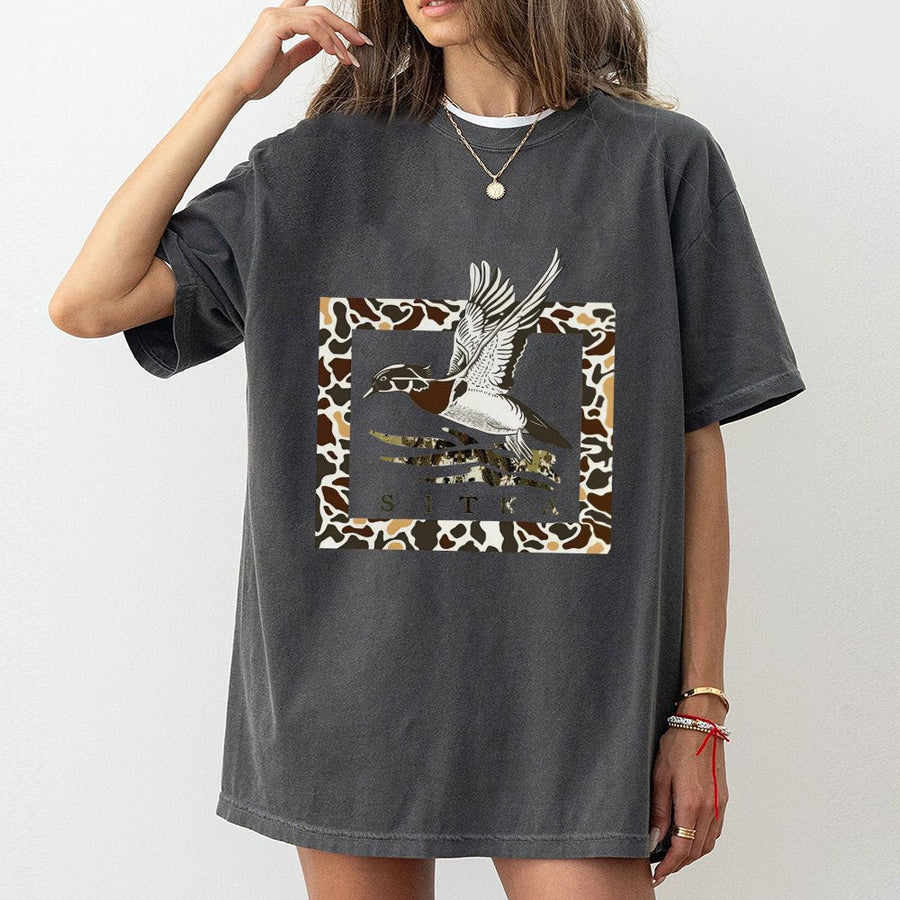 Duck Hunting T-Shirt | Wood Duck Camo Graphic Print | 100% Cotton Premium Tee | Wildlife Waterfowl Apparel Gift for Hunters