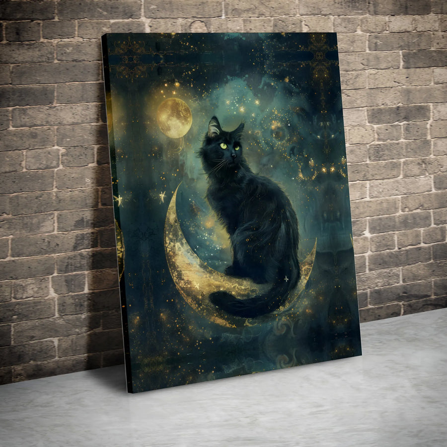 Black Cat Wall Art | Celestial Crescent Moon Galaxy Print | Premium Gallery Wrap Canvas | Whimsical Witchy Home Decor Gift