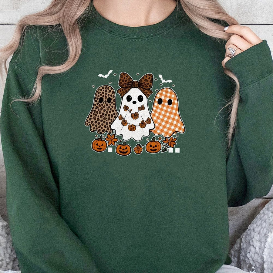 Cute Ghost Trio Sweatshirt | Leopard Print & Gingham Halloween Graphic | Soft Cotton Blend | Fall Holiday Gift for Women and Teens