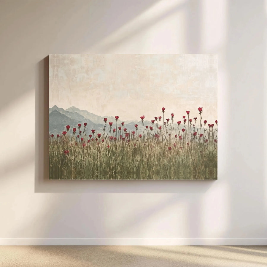 Wildflower Meadow Canvas Wall Art | Vintage Red Flower Painting Print | Premium Thick Stretched Canvas | Modern Farmhouse Living Room Decor Gift