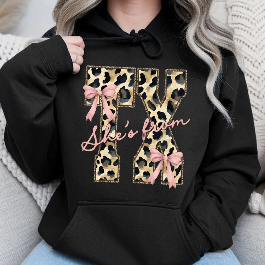 Texas Hoodie for Women | Coquette Leopard Print with Pink Bow | Premium Soft Cotton Blend | She's From Texas Southern Girl Gift