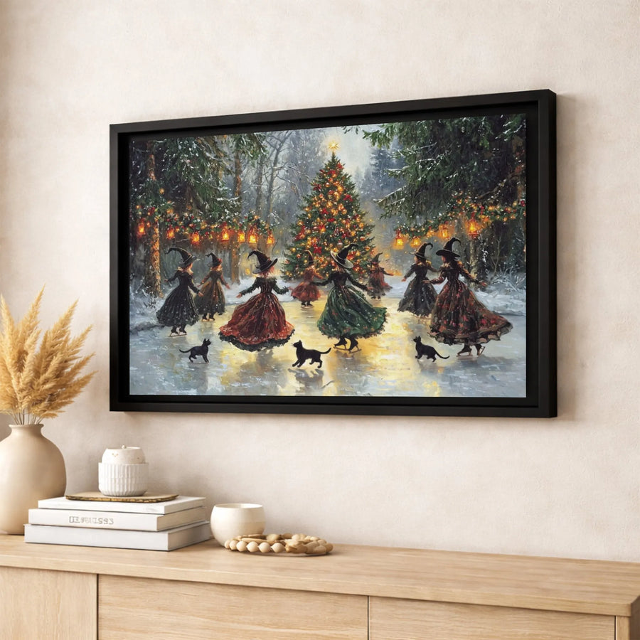 Witches Ice Skating Christmas Tree Canvas | Magical Winter Holiday Wall Art | Premium Gallery Wrapped Decor | Whimsical Gothic Holiday Gift