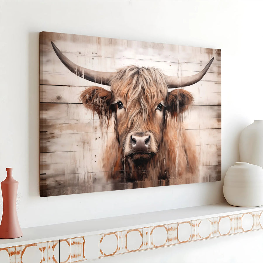 Rustic Highland Cow Horizontal Canvas | Shabby Chic Bull Portrait with Faux Wood Panel Design | Premium 1.25 Inch Gallery Wrap | Modern Farmhouse Wall Art Gift for Country Home Lovers