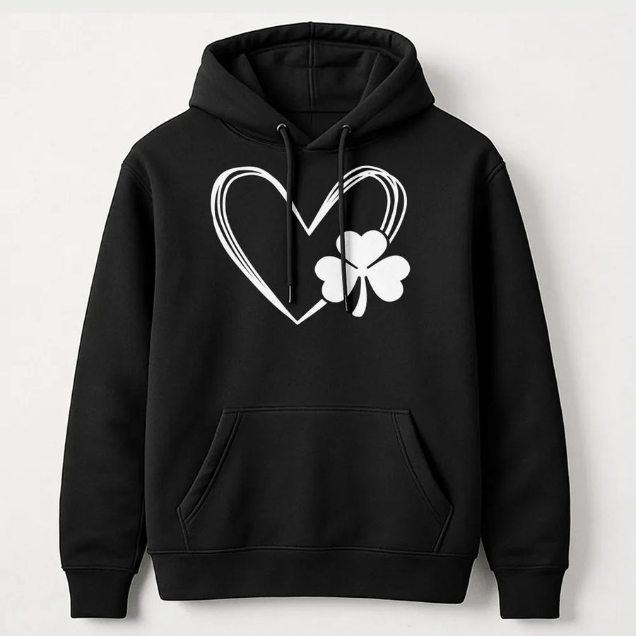 St. Patrick's Day Shamrock Heart Hoodie | Minimalist Lucky Clover Graphic | Soft Cotton-Polyester Blend | Cozy Gift for Irish Culture Fans