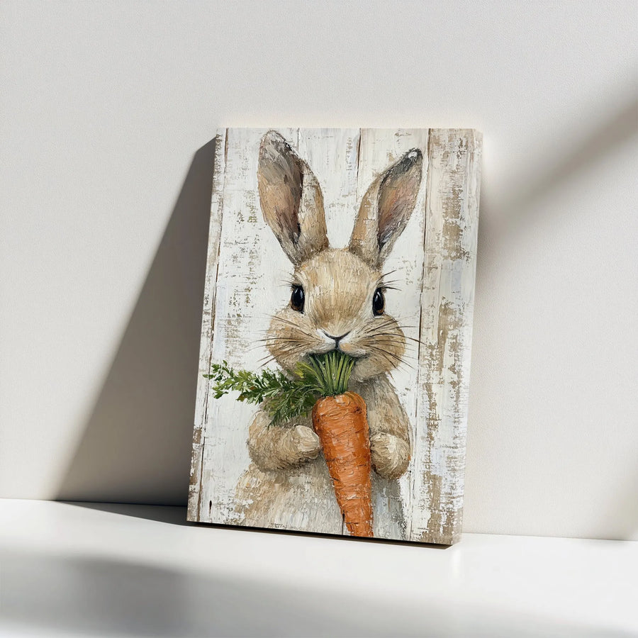 Rustic Bunny Canvas Wall Art | Vintage Style Oil Painting Print | Premium Thick Gallery Wrap Canvas | Nursery Decor & Farmhouse Kitchen Gift