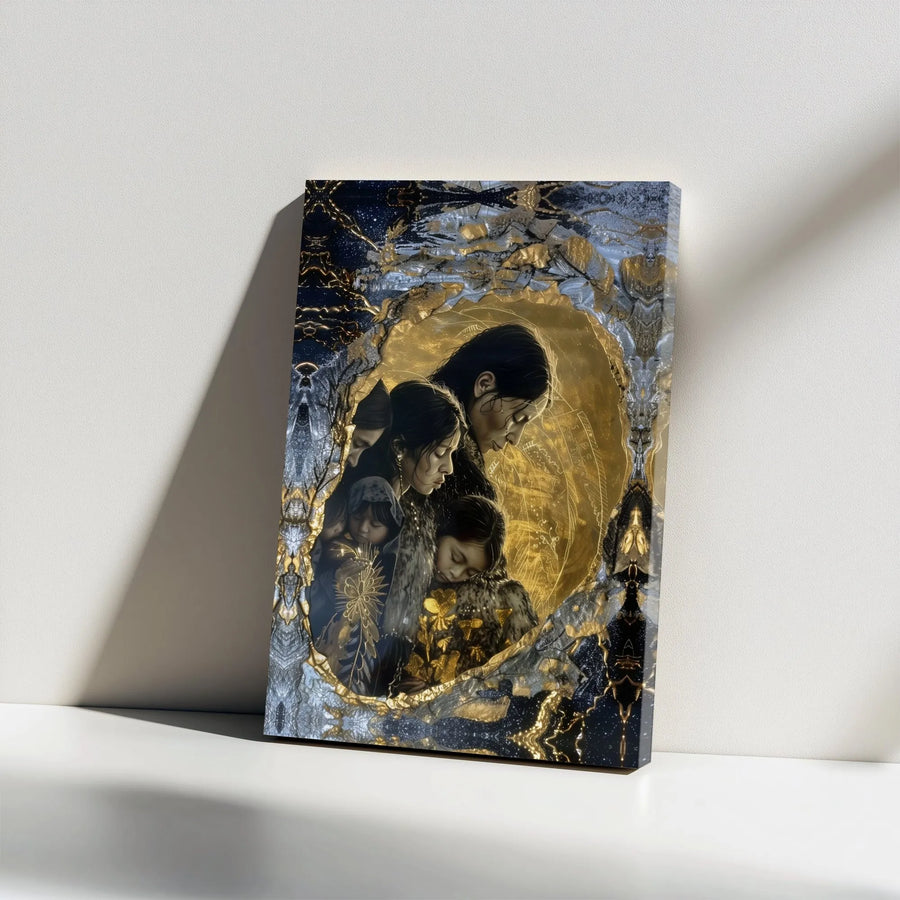 Mother and Children Wall Art | Abstract Gold & Blue Celestial Design | Premium Gallery Wrapped Canvas | Spiritual Home Decor Gift for Mom