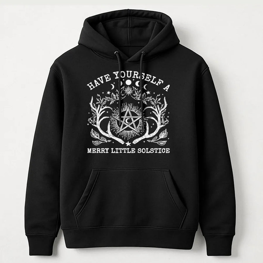 Merry Little Solstice Hoodie | Witchy Pentagram & Moon Phases Graphic | Premium Cotton Blend | Pagan Christmas Gift for Her