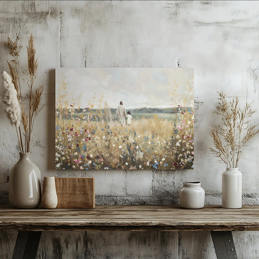 Jesus and Child Canvas Wall Art | Walking in Wildflower Meadow | Premium Gallery Wrap Print | Christian Religious Home Decor Gift