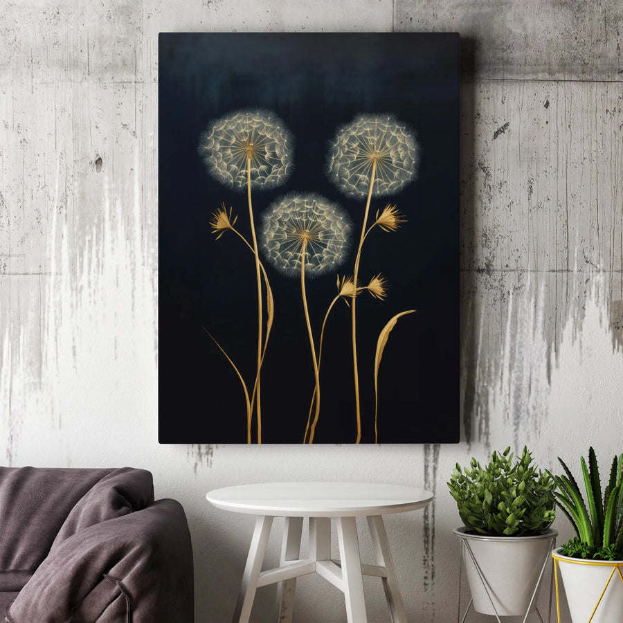 Dandelion Botanical Canvas Wall Art | Golden Floral Print on Dark Navy | Gallery-Quality 1.25-inch Profile | Modern Living Room Decor Gift