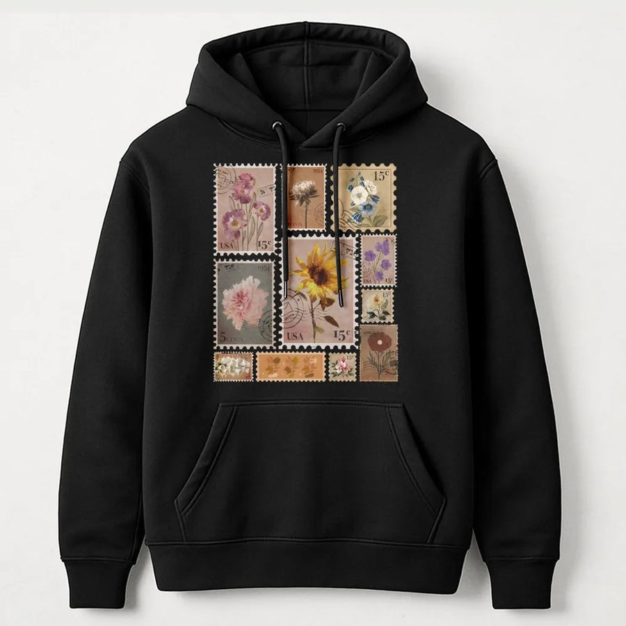 Vintage Floral Stamp Hoodie | Retro Postage Stamp Wildflower Graphic | Premium Soft Blend Pullover | Cottagecore Aesthetic Gift for Gardener