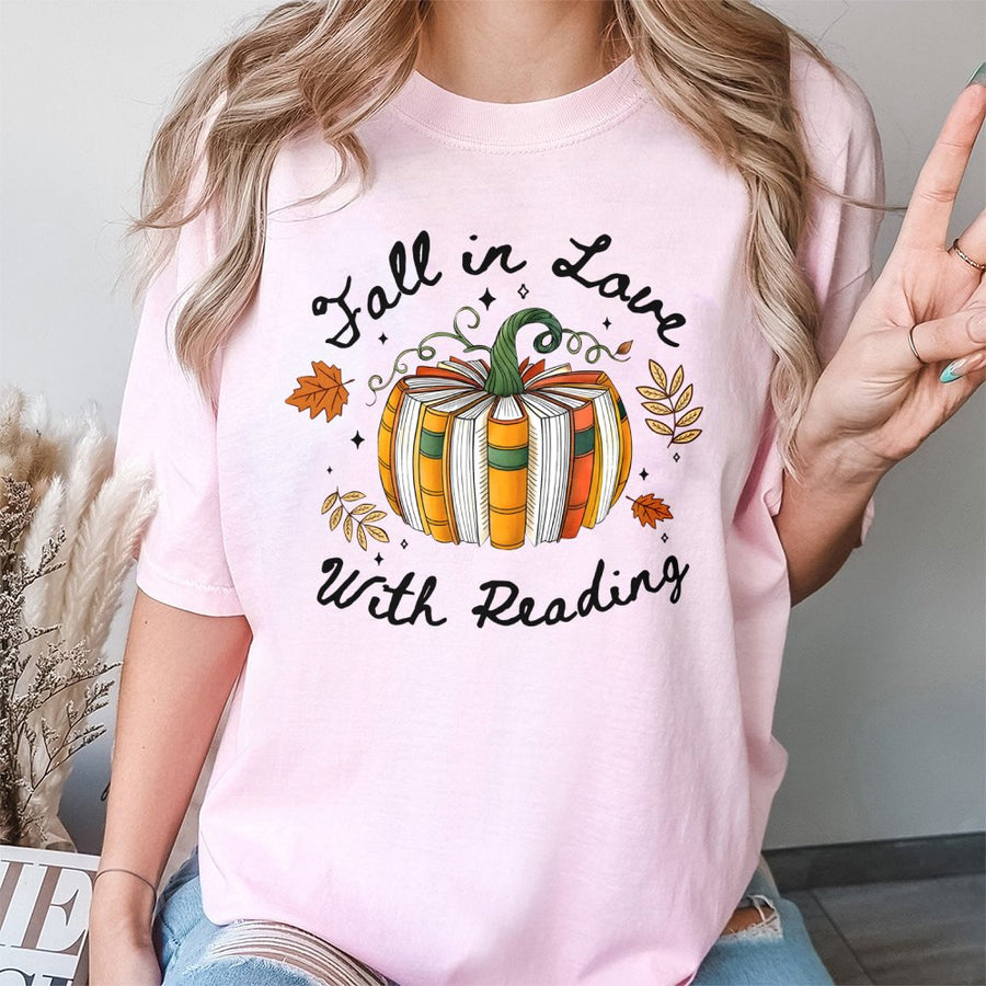 Fall In Love With Reading T-Shirt | Pumpkin Book Stack Graphic | Premium Soft Cotton Tee | Autumn Librarian Reader Gift Idea