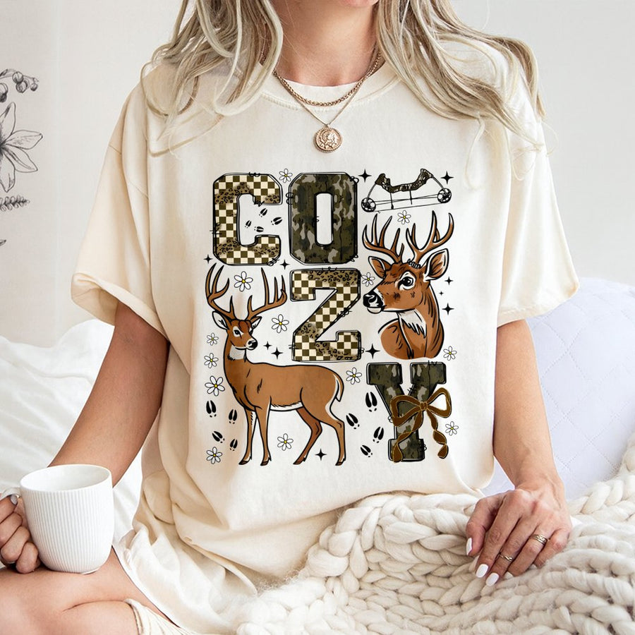 Cozy Season Hunting T-Shirt | Camo Deer Print with Bow Detail | Premium 100% Cotton | Gift for Hunters and Outdoor Lovers