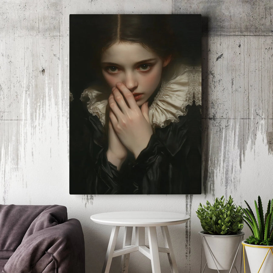 Dark Moody Portrait Canvas | Renaissance Style Woman in Lace Ruff | 1.25-Inch Gallery Wrapped Wall Art | Premium Gothic Home Decor Gift
