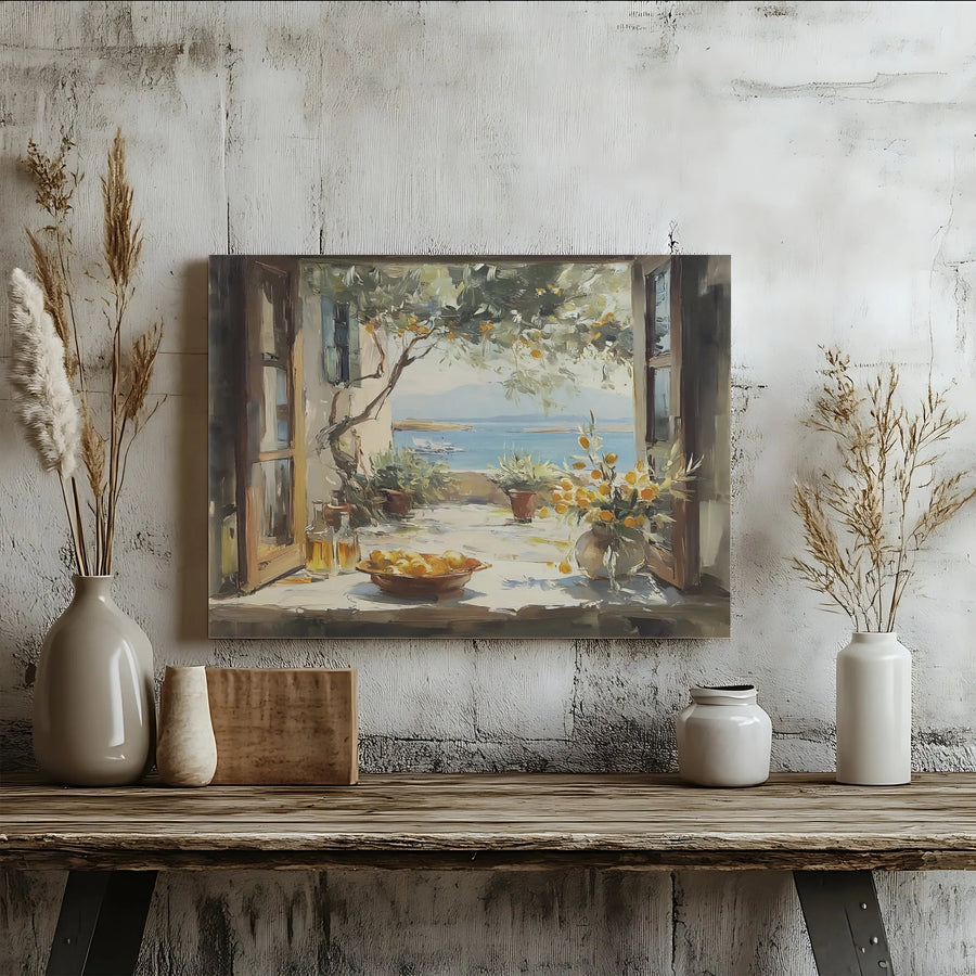 Mediterranean Seascape Canvas | Impressionist Coastal Window View Art | Premium Gallery Wrap Print | Living Room & Kitchen Wall Decor Gift