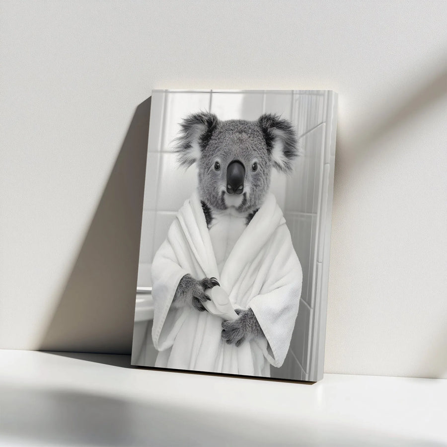 Koala In Bathrobe Wall Art | Whimsical Bathroom Animal Portrait | Premium Gallery Wrapped Canvas | Funny Home Decor Gift