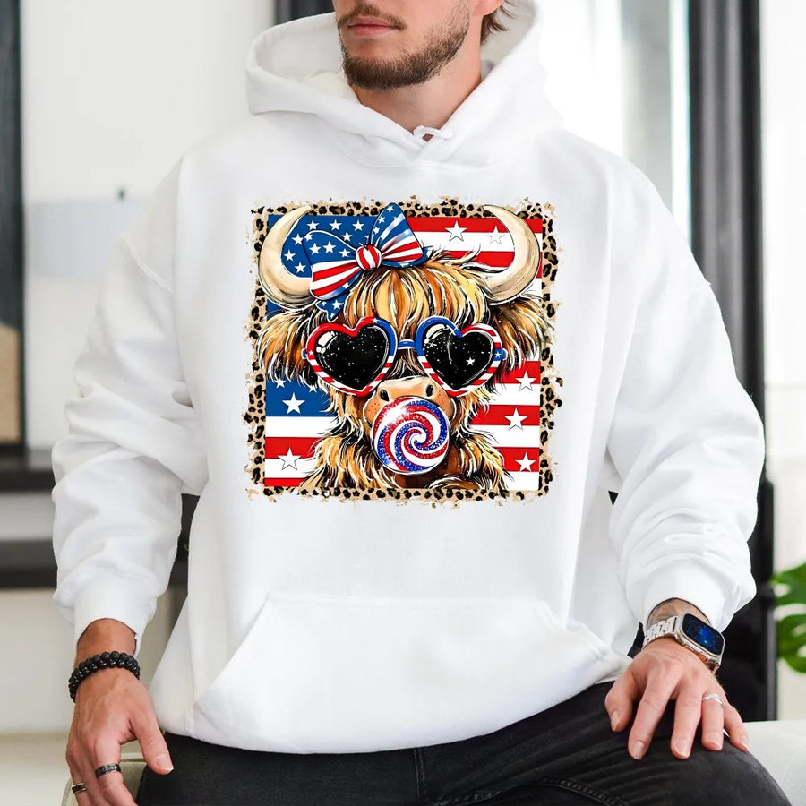 Highland Cow 4th of July Hoodie | Leopard Print American Flag Graphic | Premium Cotton Blend | Patriotic Western Gift for Women