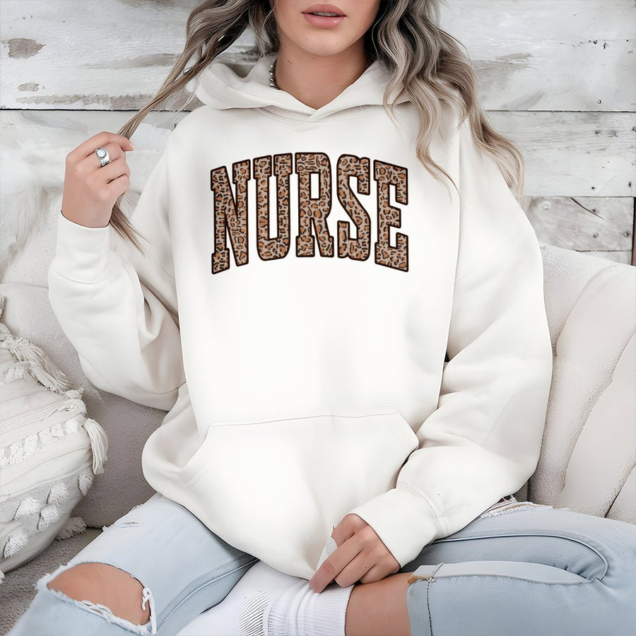 Nurse Hoodie | Leopard Print Varsity Lettering | Cotton-Polyester Blend | Registered Nurse Gift for Nursing School Graduation