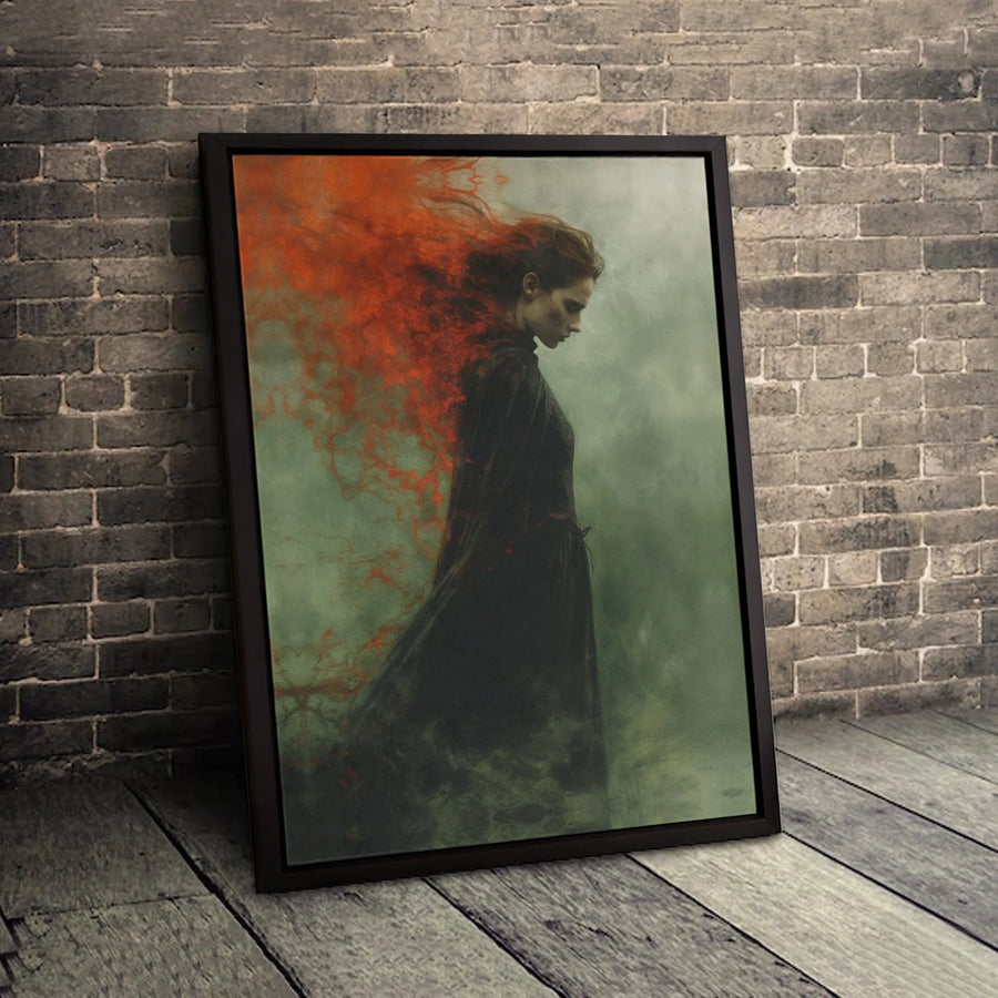 Gothic Woman Canvas Print | Fiery Red Hair Abstract Art | Gallery-Wrapped Premium Wall Decor | Moody Dark Aesthetic Fine Art for Home